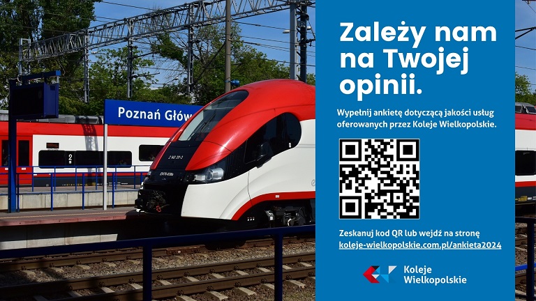  Na tle pociągu stojącego na&nbsp;stacji PKP kod QR kierujący do ankiety
