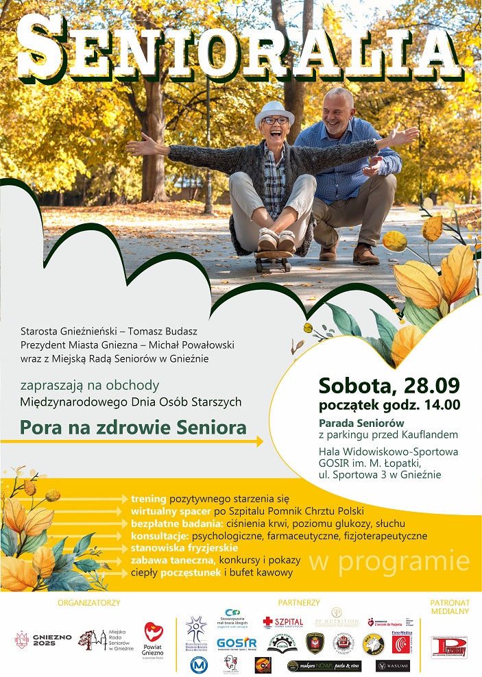 Plakat. W g&oacute;rnej części zdjęcie pary starszych ludzi w&nbsp;parku. Kobieta w&nbsp;przysiadzie jedzie na&nbsp;deskorolce, obok niej kucający mężczyzna. W tle drzewa z&nbsp;ż&oacute;łtymi liśćmi. W tekście poniżej informacje o&nbsp;wydarzeniu.