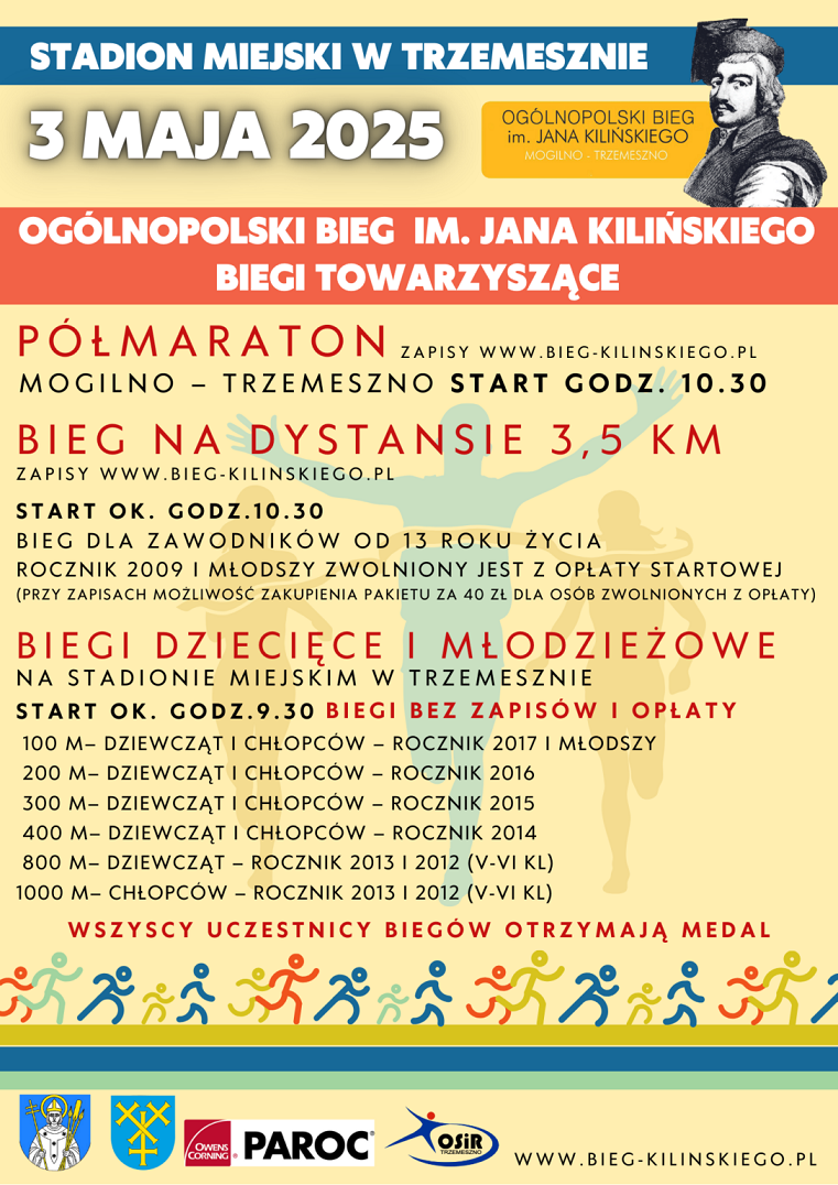 Plakat w kolorze żółtym. W tle grafika biegnących ludzi. W treści informacje z posta.