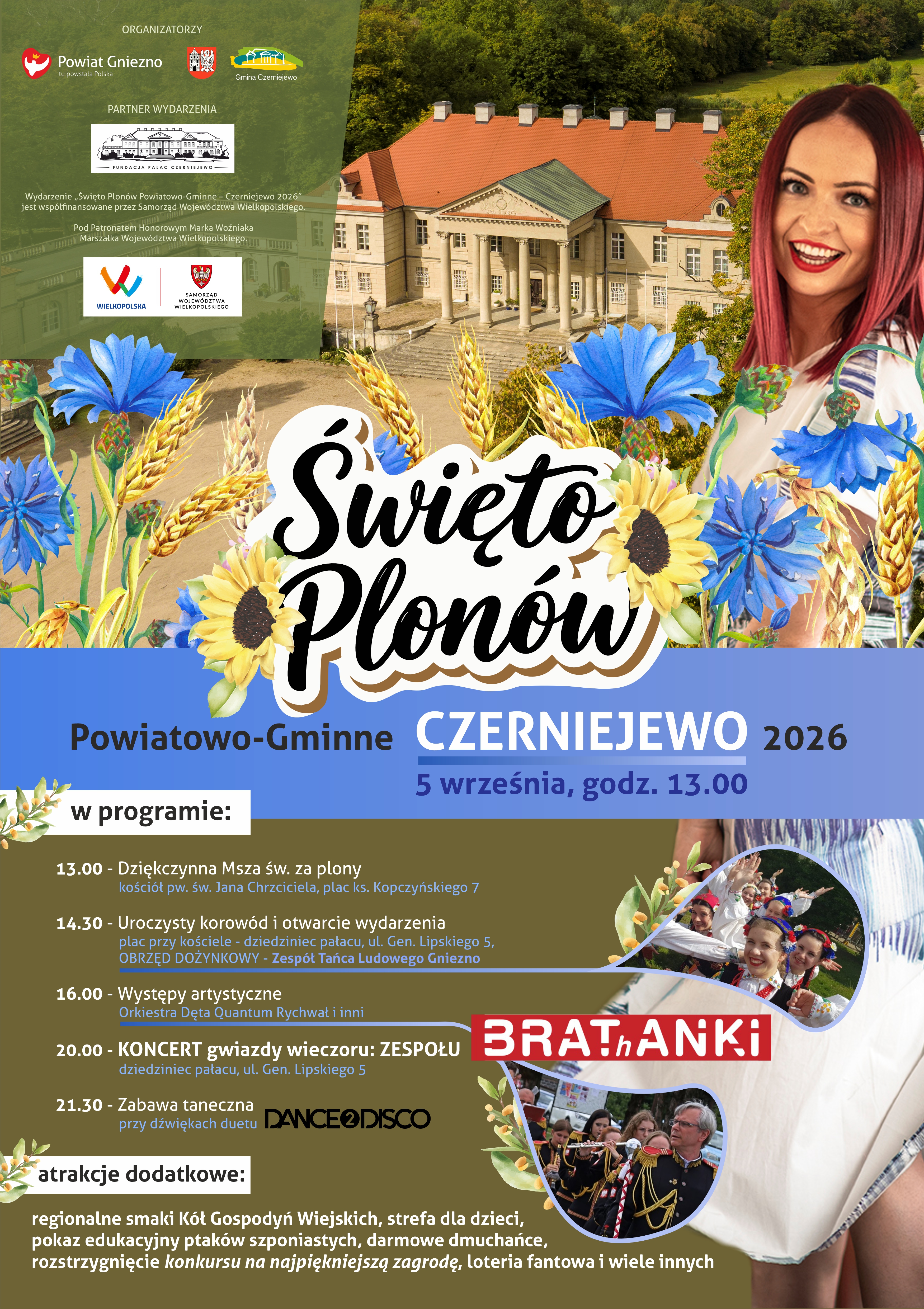 Plakat wydarzenia. U g&oacute;ry zdjęcie pałacu w&nbsp;Czerniejewie oraz&nbsp;wokalistka zespołu, na&nbsp;dole program wydarzenia.