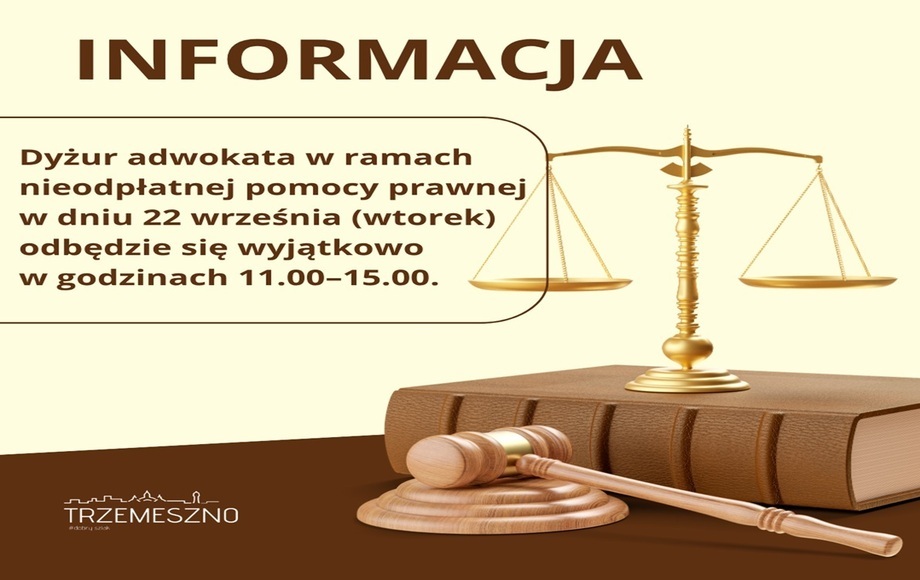 Nieodpłatna pomoc prawna w Trzemesznie – 22.09.2026 dyżur adwokata w godzinach 11.00–15.00