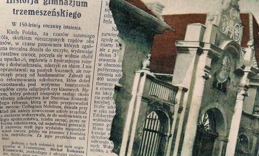 Fragment gazety, pocztówka z budynkiem alumnatu 