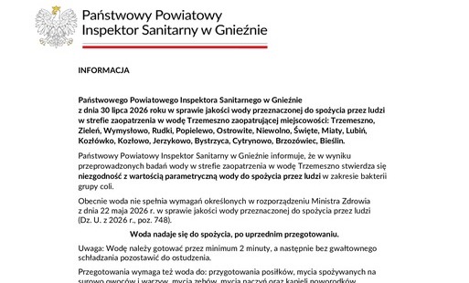 Zdjęcie do WAŻNY KOMUNIKAT &ndash; JAKOŚĆ WODY W STREFIE ZAOPATRZENIA TRZEMESZNO 